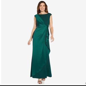 NWT ADRIANNA PAPELL SATIN CREPE DRAPED GOWN IN DARK JADE